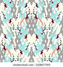 Spots, Ikat. Tie Dye, Batik. Seamless Pattern. Geometric Surface. Hand Drawn Painted. Tribal Shibori Fabric Design. Gray Yellow Folk Old Folklore Textile. Traditional Geometry Woven Tie dye Pattern.