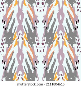 Spots, Ikat. Tie Dye, Batik. Seamless Pattern. Geometric Surface. Hand Drawn Painted. Tribal Shibori Fabric Design. Gray Yellow Folk Old Folklore Textile. Traditional Geometry Woven Tie dye Pattern.