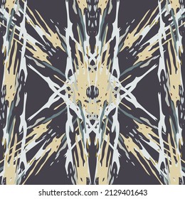 Lugares, Ikat. Cielo, Batik. Patrón sin inconvenientes. Superficie geométrica. Mano Dibujada Pintada. Diseño de tejido de Shibori Tribal. Viejo Folclore Gris Amarillo Textil. Patrón de tinte de tejas trenzadas con geometría tradicional.