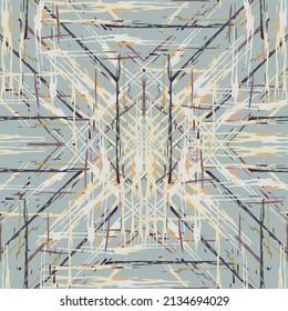 Spots, Ikat. Tie Dye, Batik. Nahtloses Muster. Geometrische Oberfläche. Handgezeichnet gestrichen. Tribal Shibori Fabric Design. Graugelbe Folklore Textil. Traditionelle Geometry Woven Tie Farbmuster.