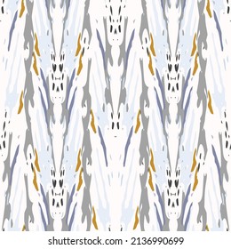 Spots, Ikat. Tie Dye, Batik. Seamless Pattern. Geometric Surface. Hand Drawn Painted. Tribal Shibori Fabric Design. Gray Yellow Folk Old Folklore Textile. Traditional Geometry Woven Tie dye Pattern.
