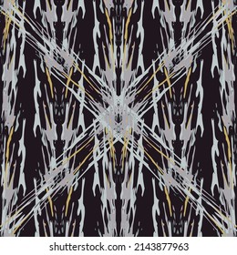 Lugares, Ikat. Cielo, Batik. Patrón sin inconvenientes. Superficie geométrica. Mano Dibujada Pintada. Diseño de tejido de Shibori Tribal. Viejo Folclore Gris Amarillo Textil. Patrón de tinte de tejas trenzadas con geometría tradicional.
