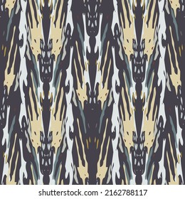 Spots, Ikat. Tie Dye, Batik. Seamless Pattern. Geometric Surface. Hand Drawn Painted. Tribal Shibori Fabric Design. Gray Yellow Folk Old Folklore Textile. Traditional Geometry Woven Tie dye Pattern.