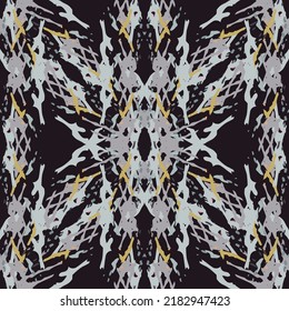 Spots, Ikat. Tie Dye, Batik. Seamless Pattern. Geometric Surface. Hand Drawn Painted. Tribal Shibori Fabric Design. Gray Yellow Folk Old Folklore Textile. Traditional Geometry Woven Tie dye Pattern.