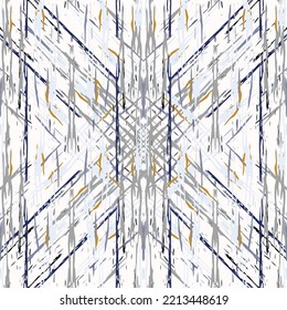 Spots, Ikat. Tie Dye, Batik. Seamless Pattern. Geometric Surface. Hand Drawn Painted. Tribal Shibori Fabric Design. Gray Yellow Folk Old Folklore Textile. Traditional Geometry Woven Tie dye Pattern.