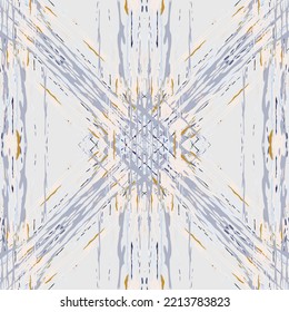 Spots, Ikat. Tie Dye, Batik. Seamless Pattern. Geometric Surface. Hand Drawn Painted. Tribal Shibori Fabric Design. Gray Yellow Folk Old Folklore Textile. Traditional Geometry Woven Tie dye Pattern.