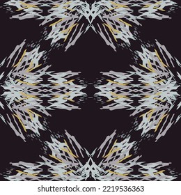 Lugares, Ikat. Cielo, Batik. Patrón sin inconvenientes. Superficie geométrica. Mano Dibujada Pintada. Diseño de tejido de Shibori Tribal. Viejo Folclore Gris Amarillo Textil. Patrón de tinte de tejas trenzadas con geometría tradicional.