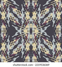 Spots, Ikat. Tie Dye, Batik. Seamless Pattern. Geometric Surface. Hand Drawn Painted. Tribal Shibori Fabric Design. Gray Yellow Folk Old Folklore Textile. Traditional Geometry Woven Tie dye Pattern.