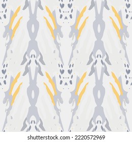 Spots, Ikat. Tie Dye, Batik. Seamless Pattern. Geometric Surface. Hand Drawn Painted. Tribal Shibori Fabric Design. Gray Yellow Folk Old Folklore Textile. Traditional Geometry Woven Tie dye Pattern.