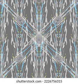 Spots, Ikat. Tie Dye, Batik. Seamless Pattern. Geometric Surface. Hand Drawn Painted. Tribal Shibori Fabric Design. Gray Yellow Folk Old Folklore Textile. Traditional Geometry Woven Tie dye Pattern.