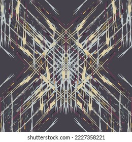 Spots, Ikat. Tie Dye, Batik. Seamless Pattern. Geometric Surface. Hand Drawn Painted. Tribal Shibori Fabric Design. Gray Yellow Folk Old Folklore Textile. Traditional Geometry Woven Tie dye Pattern.
