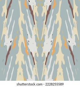 Spots, Ikat. Tie Dye, Batik. Seamless Pattern. Geometric Surface. Hand Drawn Painted. Tribal Shibori Fabric Design. Gray Yellow Folk Old Folklore Textile. Traditional Geometry Woven Tie dye Pattern.