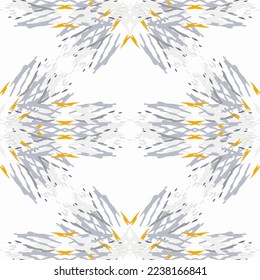 Lugares, Ikat. Cielo, Batik. Patrón sin inconvenientes. Superficie geométrica. Mano Dibujada Pintada. Diseño de tejido de Shibori Tribal. Viejo Folclore Gris Amarillo Textil. Patrón de tinte de tejas trenzadas con geometría tradicional.