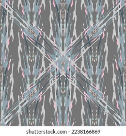 Spots, Ikat. Tie Dye, Batik. Seamless Pattern. Geometric Surface. Hand Drawn Painted. Tribal Shibori Fabric Design. Gray Yellow Folk Old Folklore Textile. Traditional Geometry Woven Tie dye Pattern.
