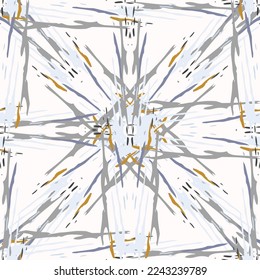 Lugares, Ikat. Cielo, Batik. Patrón sin inconvenientes. Superficie geométrica. Mano Dibujada Pintada. Diseño de tejido de Shibori Tribal. Viejo Folclore Gris Amarillo Textil. Patrón de tinte de tejas trenzadas con geometría tradicional.