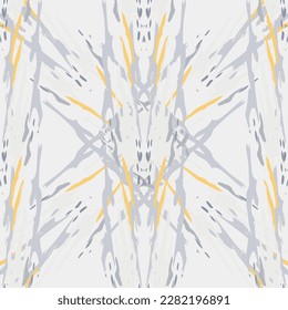 Lugares, Ikat. Cielo, Batik. Patrón sin inconvenientes. Superficie geométrica. Mano Dibujada Pintada. Diseño de tejido de Shibori Tribal. Viejo Folclore Gris Amarillo Textil. Patrón de tinte de tejas trenzadas con geometría tradicional.