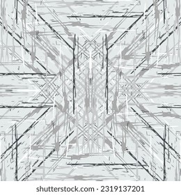 Lugares, Ikat. Cielo, Batik. Patrón sin inconvenientes. Superficie geométrica. Mano Dibujada Pintada. Diseño de tejido de Shibori Tribal. Viejo Folclore Gris Amarillo Textil. Patrón de tinte de tejas trenzadas con geometría tradicional.
