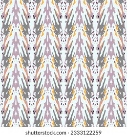 Spots, Ikat. Tie Dye, Batik. Seamless Pattern. Geometric Surface. Hand Drawn Painted. Tribal Shibori Fabric Design. Gray Yellow Folk Old Folklore Textile. Traditional Geometry Woven Tie dye Pattern.