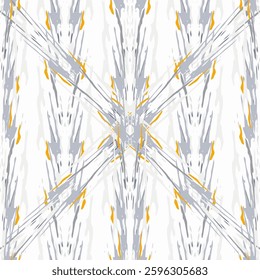 Spots, Ikat. Tie Dye, Batik. Seamless Pattern. Geometric Surface. Hand Drawn Painted. Tribal Shibori Fabric Design. Gray Yellow Folk Old Folklore Textile. Traditional Geometry Woven Tie dye Pattern.