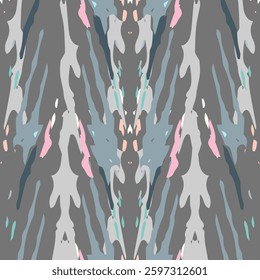 Spots, Ikat. Tie Dye, Batik. Seamless Pattern. Geometric Surface. Hand Drawn Painted. Tribal Shibori Fabric Design. Gray Yellow Folk Old Folklore Textile. Traditional Geometry Woven Tie dye Pattern.