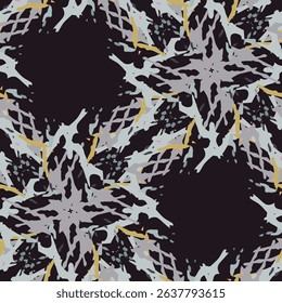Spots, Ikat. Tie Dye, Batik. Seamless Pattern. Geometric Surface. Hand Drawn Painted. Tribal Shibori Fabric Design. Gray Yellow Folk Old Folklore Textile. Traditional Geometry Woven Tie dye Pattern.