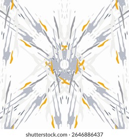 Manchas, Ikat. Tie Dye, Batik. Padrão Perfeito. Superfície geométrica. Desenhado À Mão Pintado. Projeto de Tecido Shibori Tribal. Cinza Amarelo Folclore Velho Folclore Têxtil. Padrão tradicional de tintura de gravata de geometria.