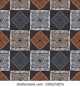 Spots of a Leopard. Ethnic boho seamless pattern. Lace. Embroidery on fabric. Patchwork texture. Traditional ornament. Tribal pattern. Folk motif. Can be used for wallpaper, textile, wrapping, web.