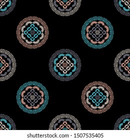 Spots of a Leopard. Polka dots seamless pattern. Mosaic of ethnic figures. Patterned texture. Geometric background. Can be used for wallpaper, textile, invitation card, wrapping, web page background.