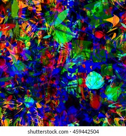 Spots and lines. Artistic seamless background. Vector. Easy editing. Colorful pattern with predominance of red, green and blue.