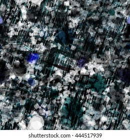Spots, squares and strokes. Overlap, overlay, translucency.  Abstract seamless vector pattern. 