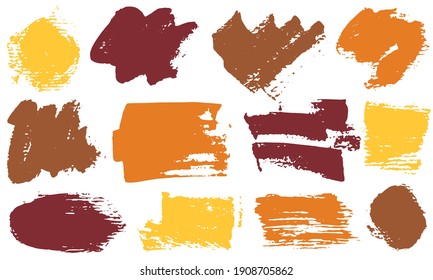 Spots and stains ink brush strokes vector set. Grunge texture abstract graphic design elements. Hand drawn color samples on white background.