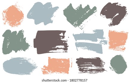 Spots and stains paint brush strokes vector set. Grunge texture decorative graphic design elements. Hand drawn paint shapes on white background.