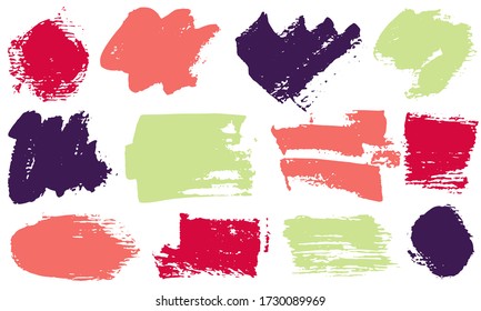 Spots and stains watercolor brush strokes vector band. Grunge texture trendy graphic design elements. Isolated color swatches on white background.