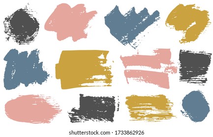 Spots and stains watercolor brush strokes vector collection. Grunge texture mottled graphic design elements. Hand drawn ink daubs on white background.