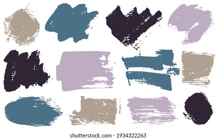 Spots and stains watercolor brush strokes vector collection. Grunge texture mottled graphic design elements. Craft colorful brushstrokes on white background.