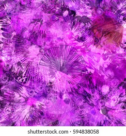 Spots and stylized botanical elements. Purple seamless background for fabric, wrapping paper, home decor, boho design.