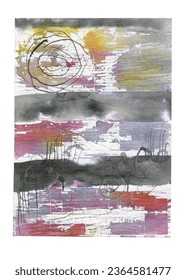 Flecken, Oberflächen, Linien, Kreise in grauer, roter und gelber Farbe