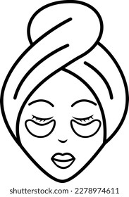 Spots under the eyes, a badge with a female face and stripes. Spa salon or home cosmetic rejuvenating procedure. Skin care. Get rid of wrinkles, puffiness, dark circles. Design element