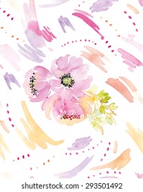 Spots watercolor seamless. Flowers. Seamless pattern with flowers and splashes of watercolor.