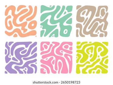 Manchas, listras onduladas, rabiscos inscritos em um quadrado. Líquido, fluido, ornamento caótico funky, conjunto de fundo colorido na moda groovy. Fazer doodle de forma ondulada sem fim desenhada à mão. Design de impressão