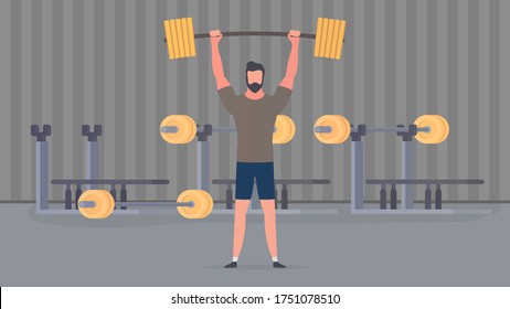 Spotsman with a barbell in the gym. A man lifts a dumbbell. The concept of sport and healthy lifestyle. Vector.