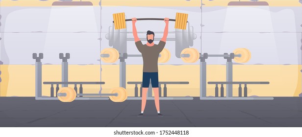 Spotsman with a barbell in the gym. A man lifts a dumbbell. The concept of sport and healthy lifestyle. Vector.