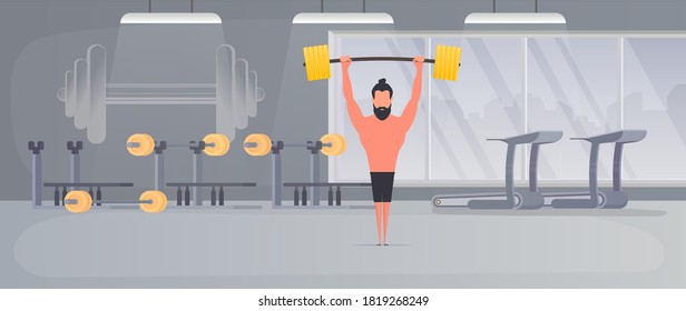 Spotsman with a barbell in the gym. A man lifts a dumbbell. The concept of sport and healthy lifestyle. Vector.