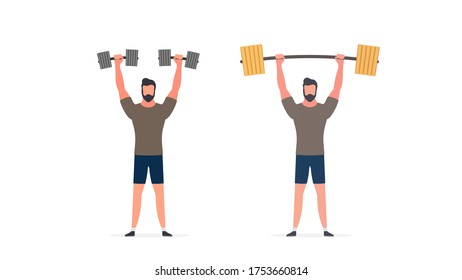 Spotsman con pandillas. Un hombre levanta los campanazos. El concepto de deporte y estilo de vida saludable. Aislado. Vector.