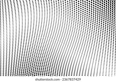 Spotted abstract background. Halftone dot pattern. Optical texture with dots. Wavy half tone effect. Black white banner. Futuristic pop art print. Monochrome vector illustration.