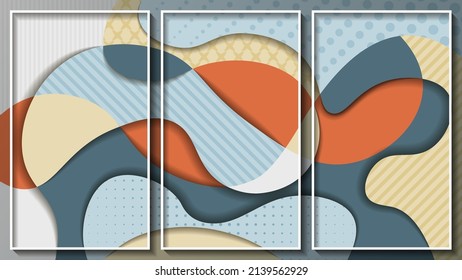 Spotted abstract triptych with 3D effect. Overlapping, multicolored textured shapes with smooth edges form a mottled surface. Three images in white thin frames. Vector. 