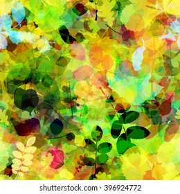 Spotted background of leaves. The leaves of trees and shrubs are mixed randomly. Seamless background. Easy editable pattern. Vector. The effect of blur and watercolors.