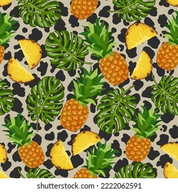 Spotted background with pineapples.Vector pattern with whole and cut pineapples and palm leaves on an abstract spotted background.