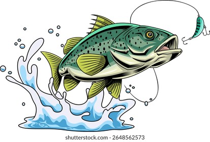 Spotted Bass Fish Cartoon Caractere Splashing Em Direção A Isca Pesca - Mão Vetor Desenhado Ilustração Isolada Em Fundo Transparente
