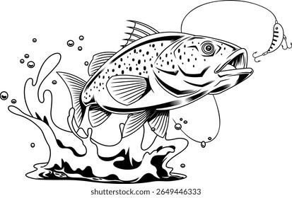 Spotted Bass Fish Cartoon Caracter Splashing Em Direção a isca de pesca - preto e branco vetor mão desenhada ilustração isolada no fundo transparente